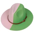 Chapeau jazz en feutre de laine contrasté rose et vert avec sangle en cuir boucle - Vert Fruit et Rose Divisé (156-G)