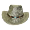 Chapeau de cowboy doré scintillant avec ruban ethnique orné de turquoise - M / Bleu foncé