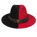 Two-tone red and black wide brim fedora hat with studded leather band and metal badge - M (56-58cm) / Black & Red With Lion Badge
