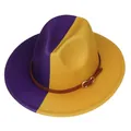 Chapeau Fedora bicolore violet et jaune avec ceinture en cuir marron et boucle dorée - Violet et Jaune Divisé (156-I)