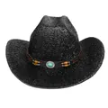 Chapeau de cowboy tressé noir avec bande à perles marron et détail turquoise vintage - M / Sommet Plat Noir