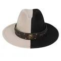 Two-tone black and white wool felt fedora hat with vintage studded leather band - M (56-58cm) / Black & Beige With Badge