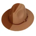 Chapeau de jazz en laine bicolore de style anglais avec bande en cuir et anneau en métal - Kaki et Camel Divisé (156-J)