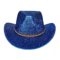 Chapeau de cowboy bleu à paillettes avec bandeau en cuir marron orné de strass - Sommet en Coeur / Bleu royal