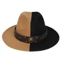 Two-tone beige and black felt fedora hat with studded leather band and metal emblem - M (56-58cm) / Black & Khaki With Badge