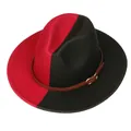 Chapeau fedora jazz bicolore rouge et noir avec ruban en cuir marron de style anglais - Rouge et Vert Armée Divisé (156-K)