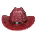 Chapeau de cowboy rouge pailleté avec bande en cuir et boucle en métal turquoise - M / Sommet Plat Rouge Pastèque