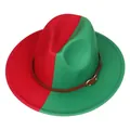 Chapeau fedora bicolore rouge et vert avec bande en similicuir brun et boucle - Rouge et Vert Divisé (156-L)