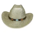 Chapeau de cowboy tissé doré avec ruban marron, pierre turquoise et perles en bois - M / Sommet Plat Champagne