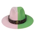 Two-tone pink and green felt fedora hat with a studded brown leather band and horseshoe logo - M (56-58cm) / Green & Pink With Badge