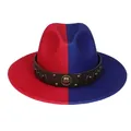 Two-tone wool felt fedora hat in red and blue with studded band and gold buckle - M (56-58cm) / Red & Blue With Badge
