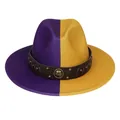 Two-tone purple and yellow fedora hat with studded leather band and metal buckle - M (56-58cm) / Purple & Yellow With Badge