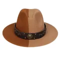 Two-tone wool fedora hat in caramel and khaki with studded leather band and metal logo - M (56-58cm) / Khaki & Camel With Badge