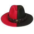 Fedora hat in two-tone red and black wool felt with leather band and golden studs - M (56-58cm) / Red & Army Green With Badge
