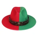 Two-tone wool fedora hat in vibrant red and green with studded leather band - M (56-58cm) / Red & Green With Badge