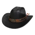 Black vintage faux leather cowboy hat with bull skull buckle and tassels - M (56-58cm) / Straight Top (142A) / Black