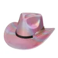 Close-up of holographic laser pink cowboy hat with golden metal leaf trim detail - E Peach Pink - Heart Top / M (56-58cm)
