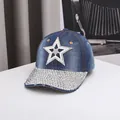 Blue denim baseball cap with rhinestone star and crystal brim for a stylish look - Dark Blue Pearl Star (015A)