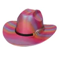 Dettaglio cappello da cowboy olografico rosa metallico con decorazione a piuma dorata - C Rosa Rosso - Parte Superiore Singola / M (56-58cm)