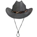 Dark grey wide-brim fedora with leopard print band and adjustable chin strap - M (56-58cm) / Straight Line Top Style / Dark Gray