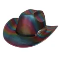 Dettaglio cappello da cowboy arcobaleno con finitura laser e ornamento a piuma d'argento - Top Viola Scuro Con Un Solo Carattere / M (56-58cm)