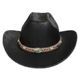 Klassischer schwarzer Western-Cowboyhut aus Kunstleder mit Perlenband und Türkis - M (56-58cm) / Gerader Top (367A) / Schwarz