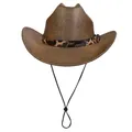 Deep brown wide brim felt fedora with leopard print band and adjustable chin strap - M (56-58cm) / Straight Line Top Style / Coffee
