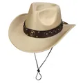 Detailed view of beige cowboy hat with leather band and golden horseshoe ornament - Plain Style / Champagne
