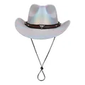Sombrero de vaquero disco holográfico con acabado irisado y banda de cuero de toro metal - M(56-58cm) / Plateado (Parte Superior Corazón)