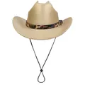 Golden wide brim fedora hat with leopard print band and adjustable chin strap - M (56-58cm) / Straight Line Top Style / Champagne