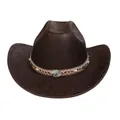 Dark brown distressed faux leather Western cowboy hat with turquoise beaded band - M (56-58cm) / Straight Top (367B) / Coffee