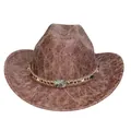 Brown western cowboy hat with faux leather texture and turquoise stone buckle detail - M (56-58cm) / Straight Top (367C) / Khaki