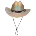 Iridescent holographic cowboy hat with leopard print band and adjustable chin strap - Straight Top / Yellow