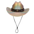 Metallic holographic disco cowboy hat with rainbow laser effect and leather band strap - M(56-58cm) / Yellow (Straight Line Top)