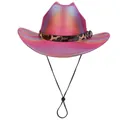Pink holographic cowboy hat with leopard print band and adjustable chin strap - Straight Top / Rose Red