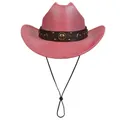 Cappello da cowboy rosso glitterato con fascia in pelle borchiata e cinturino regolabile - M (56-58cm) / Corona Piatta / Rosso Anguria