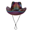 Rainbow holographic western cowboy hat with leopard print band and adjustable chin strap - Concave Top / Dark Purple