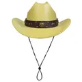 Cappello da cowboy giallo intrecciato con fascia in pelle marrone e borchie su sfondo bianco - M (56-58cm) / Corona Piatta / Giallo