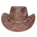 Brown faux leather cowboy hat with vintage cracked texture and turquoise beaded band - M (56-58cm) / Heart Top (366C) / Khaki
