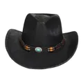 Vintage black cowboy hat with cracked faux leather texture and turquoise ornament - M (56-58cm) / Heart Top (370A) / Black