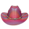 Fuchsia cowboy hat with rainbow brim and golden chain decorative band for party - M (56-58cm) / Straight Top / Rose Red