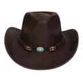 Retro dark brown faux leather cowboy hat with turquoise bead and wide curved brim - M (56-58cm) / Heart Top (370B) / Coffee