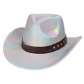 Holografischer Fedora-Hut mit breiter Krempe und modischer Ledergürtelschnalle Verzierung - M (56-58cm) / Herz Krone Silber