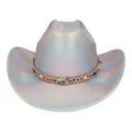 Holographic iridescent cowboy hat with bohemian beaded band and metallic finish - M (56-58cm) / Straight Top / Silver