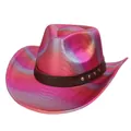 Holografischer Fedora-Hut mit metallischem Farbverlauf und Nietengürtel für Damen und Herren - M (56-58cm) / Herz-Krone Rosarot