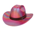 Chapeau de cowboy holographique avec bande en cuir cloutée et bords larges - M (56-58cm) / Haut Plat-Rouge Rose