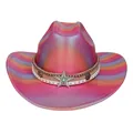 Pink gradient metallic cowboy hat with silver star buckle and sparkling sequin finish - Straight Top / Rose Red