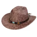Vintage dark brown faux leather cowboy hat with turquoise bead and cracked texture - M (56-58cm) / Heart Top (371C) / Khaki