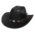 Vintage black faux leather western cowboy hat with turquoise bead and rustic texture - M (56-58cm) / Heart Top (371A) / Black