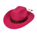 Fuchsia western cowboy felt hat with vintage bull head emblem and braided leather band - M (56-58cm) / Bull Head Braided Style (118) / Rose Red